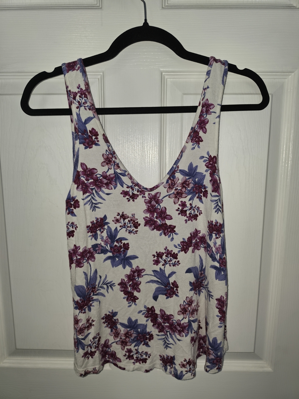 American Eagle Outfitters White Tank Top with Purple & Blue Floral Print